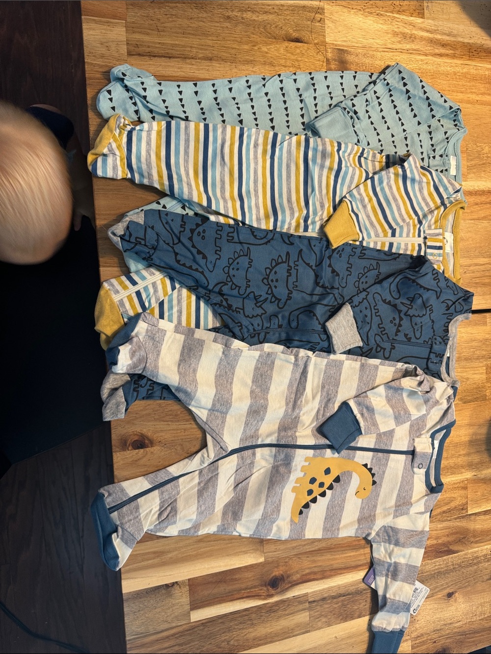 Gerber Baby Blue, Navy, Yellow and Gray Striped Dinosaur Footed Pajama Set